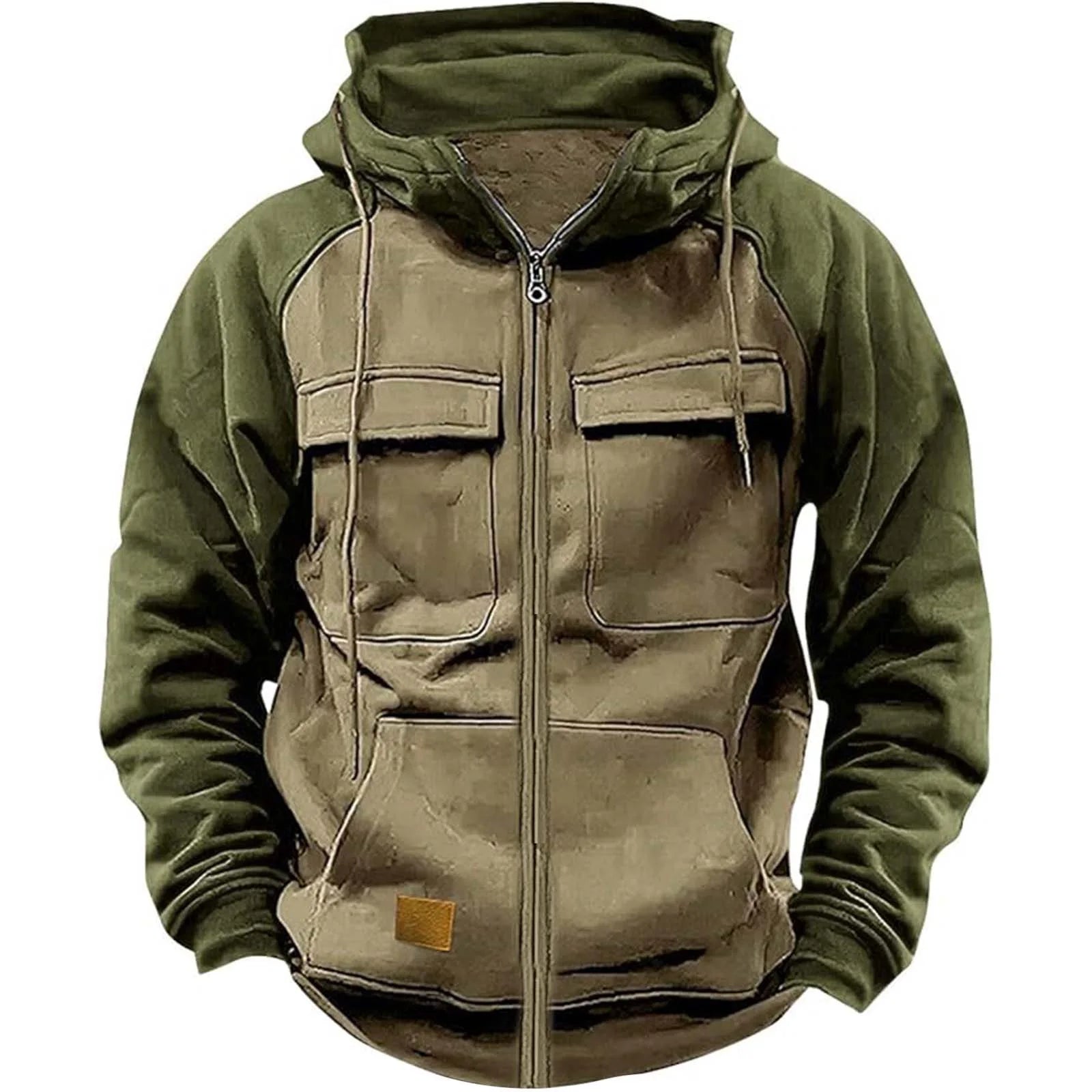 Men's Multi-Pocket Patchwork Long-Sleeve Zip-Front Hoodie