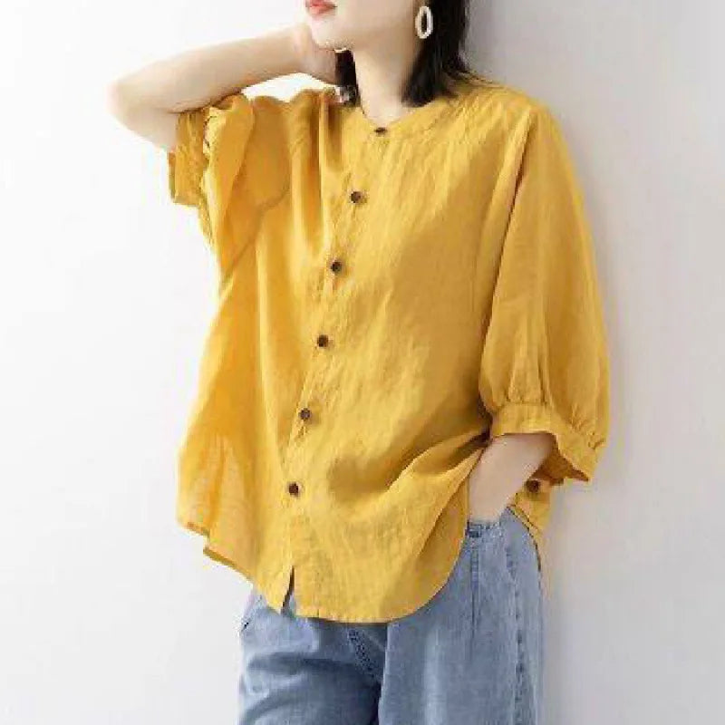 Women's Stand Collar Gathered Sleeve Loose Shirt