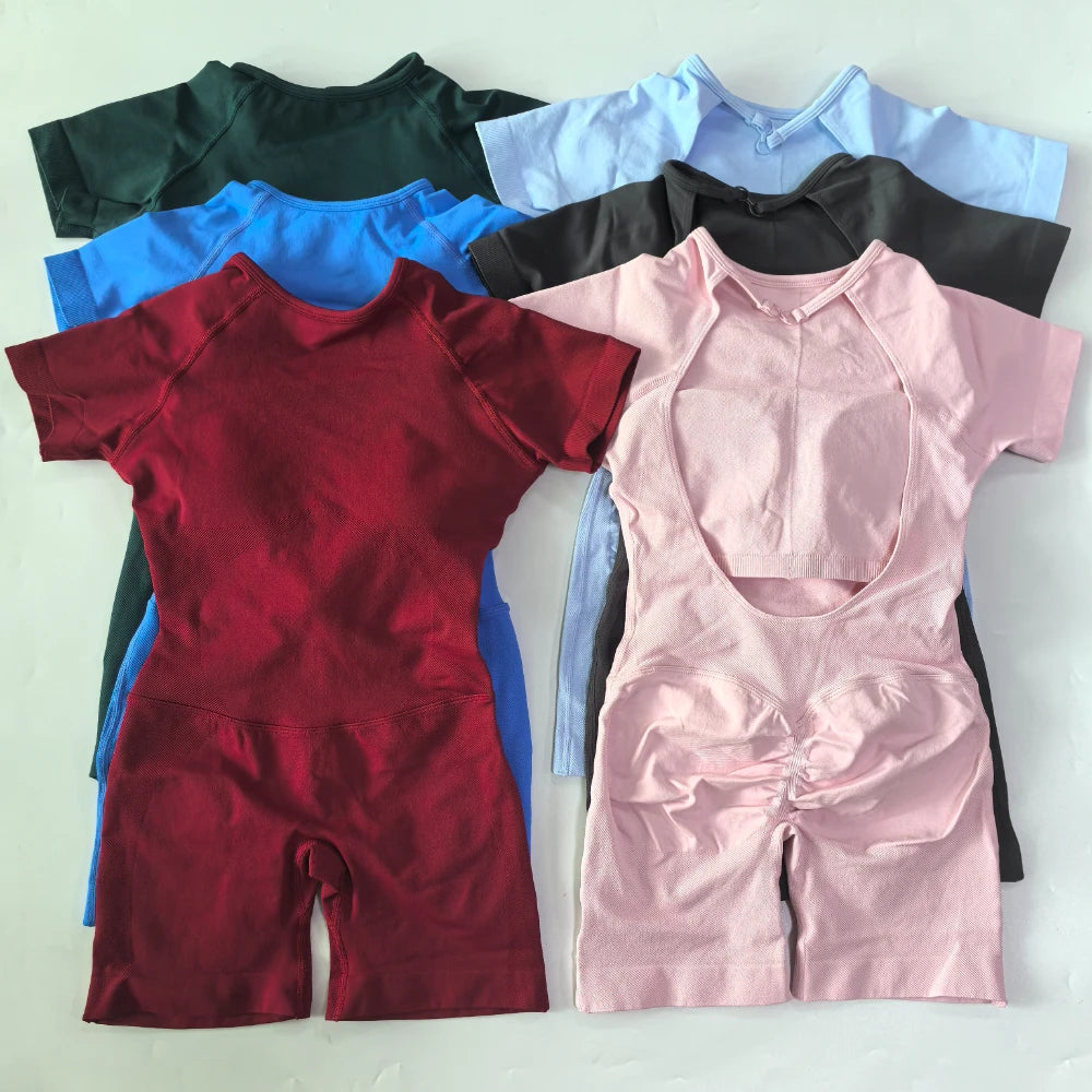 Women's Short Sleeve Polyester Blend Workout Romper with Open Back