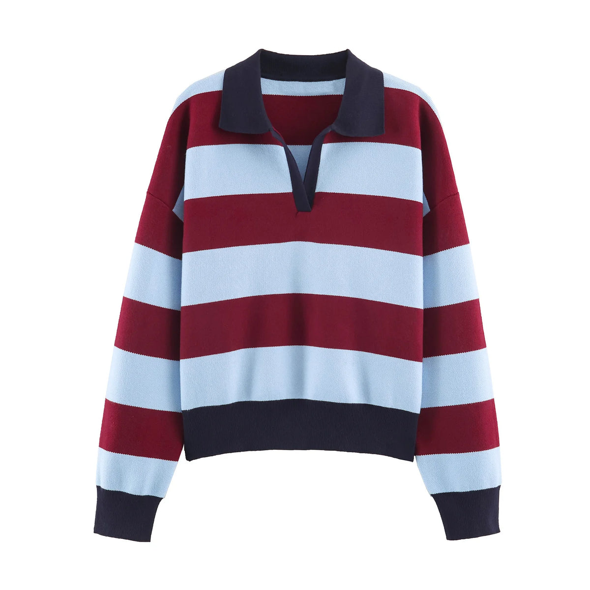 Women's Striped Polo Collar Loose Fit Sweater Casual Knit Layer