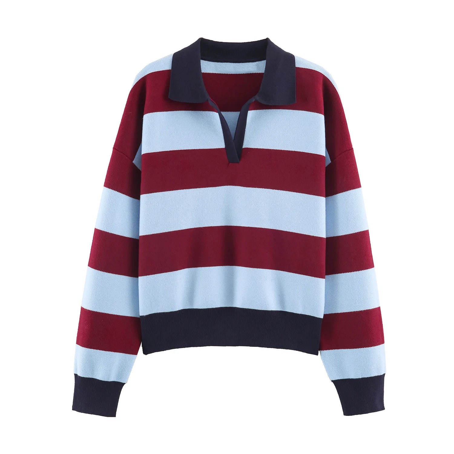 Women's Striped Polo Collar Loose Fit Sweater Casual Knit Layer