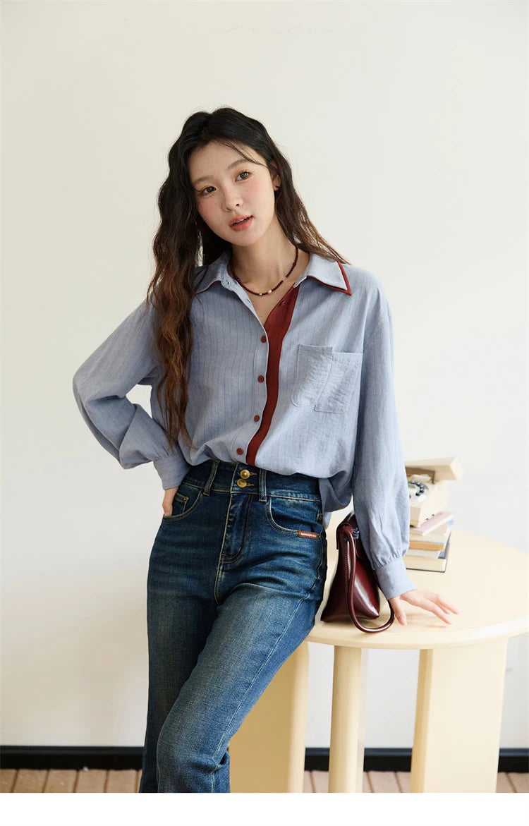 Women's Striped Shirt with Contrast Collar and Buttons