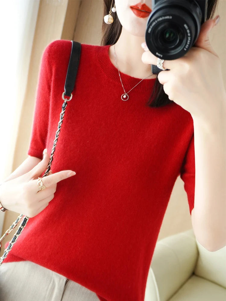 Women's Crew Neck Short Sleeve Sweater Casual Knit Layer