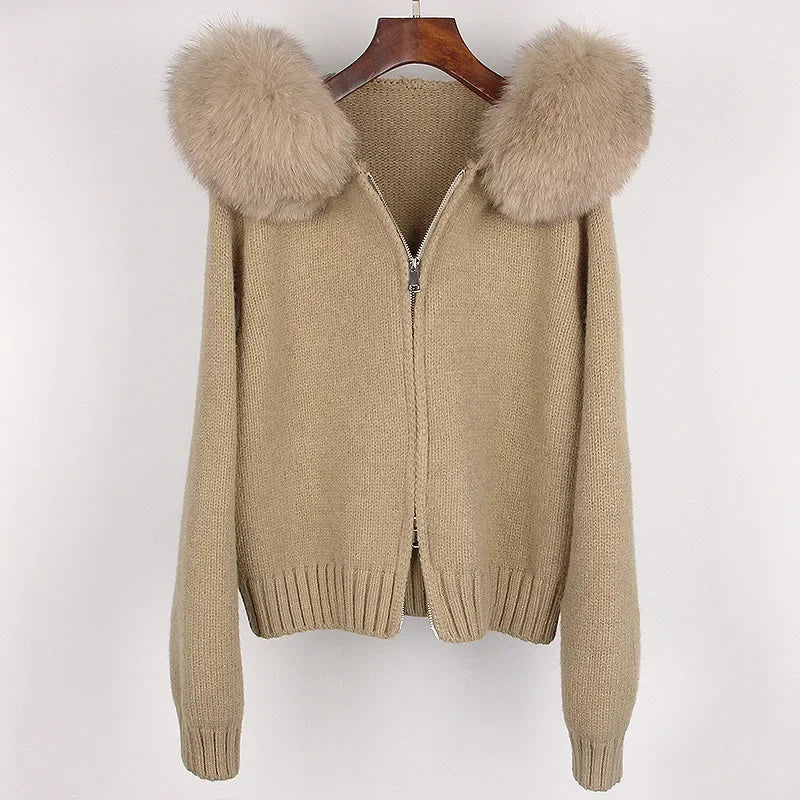 Women's Polyester Zip-Front Long-Sleeve Knit Jacket with Fox-Fur Collar for Winter Outfits