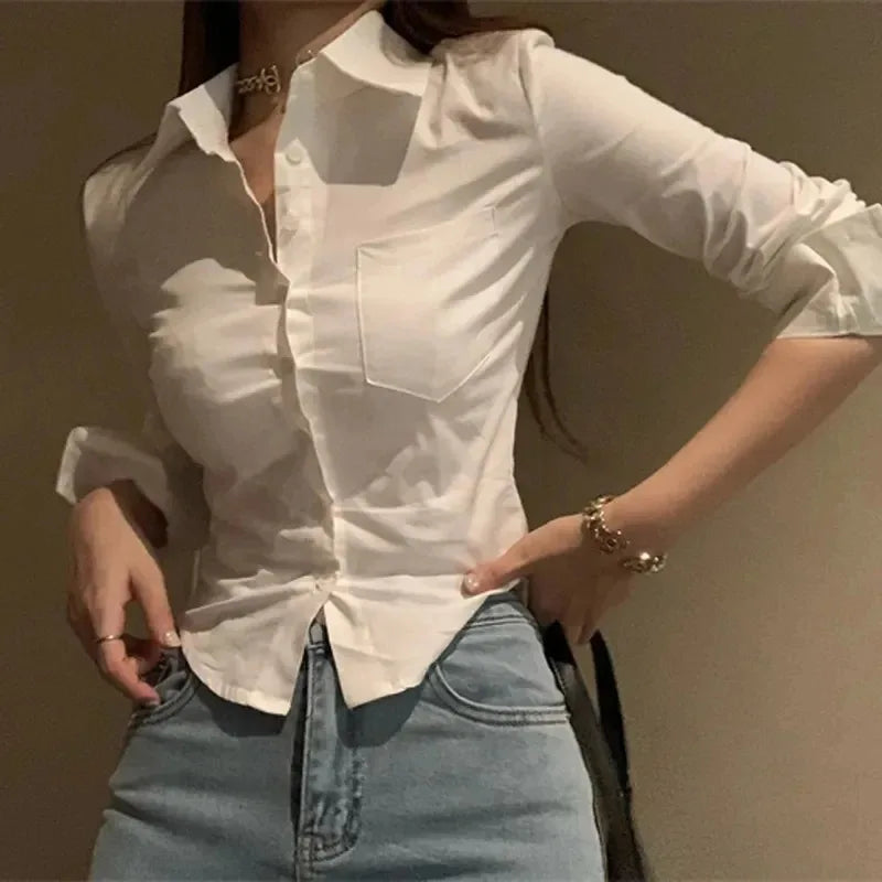Women's Long Sleeve Button Front Pocket Detail Shirt