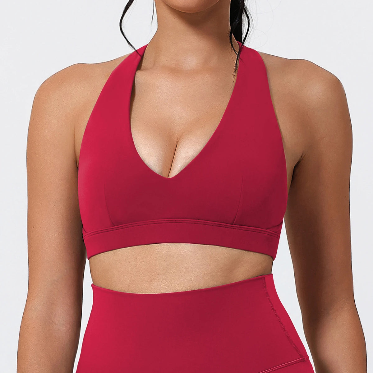 Women's V Neck Halter Sports Bra with Open Back