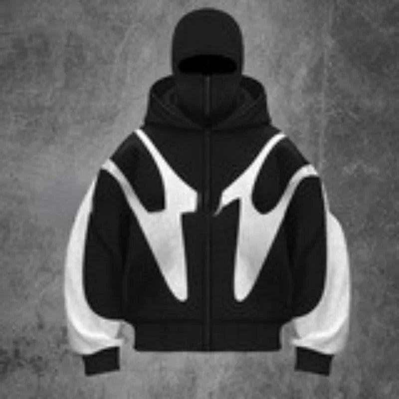 Contrast-Panel Loose-Fit Long-Sleeve Zip-Front Hoodie