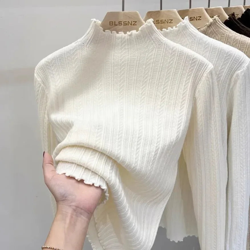 Women's Polyester Solid Long-Sleeve Mock-Neck Slim-Fit Knit Pullover Sweater for Winter Outfits
