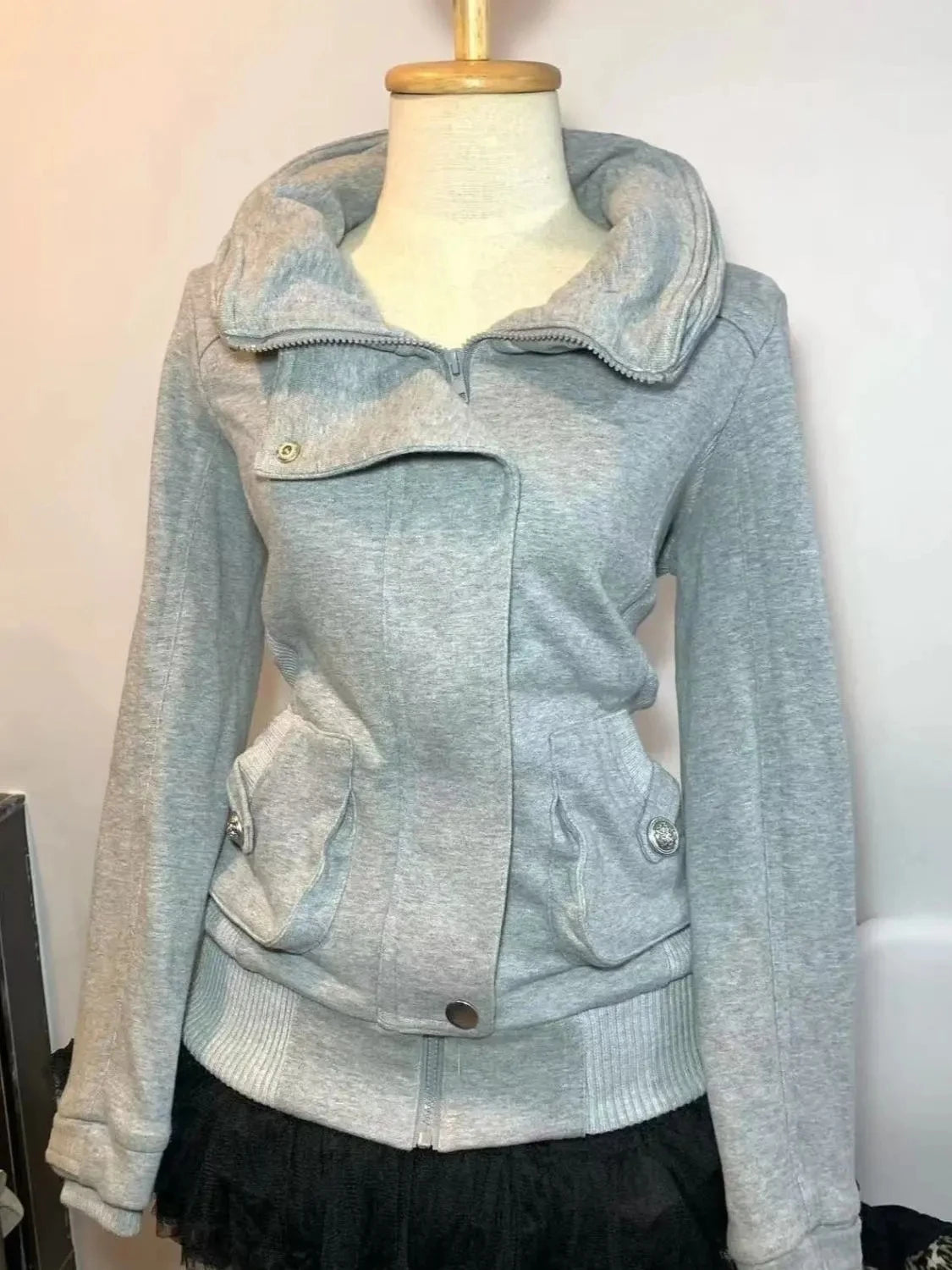 Stand Collar Asymmetric Full Zip Long Sleeve Fitted Jacket