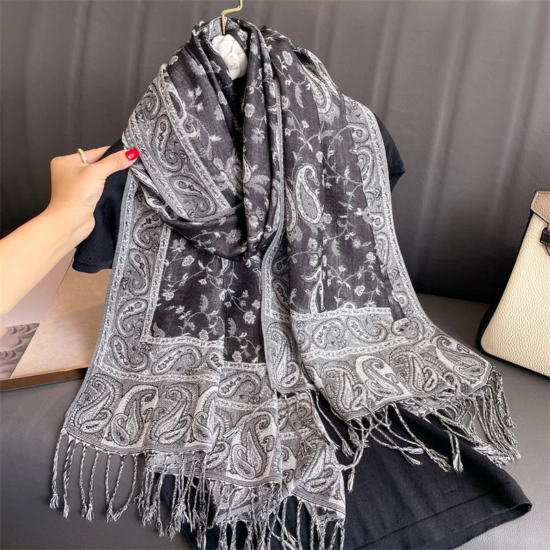 Paisley Floral Print Long Scarf with Fringed Ends