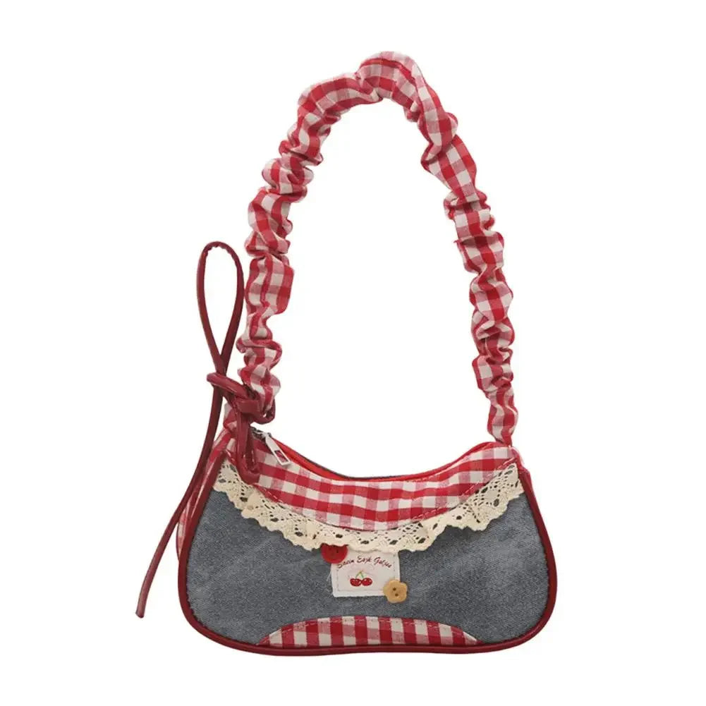 Ribbon Shoulder Handbag with Gathered Handle and Decorative Lace