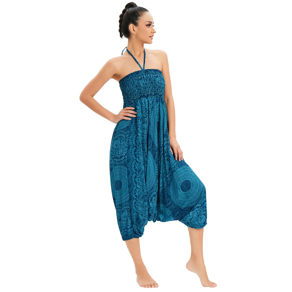 Women's Printed Rayon Harem Pants with Elastic Waist and Convertible Styling