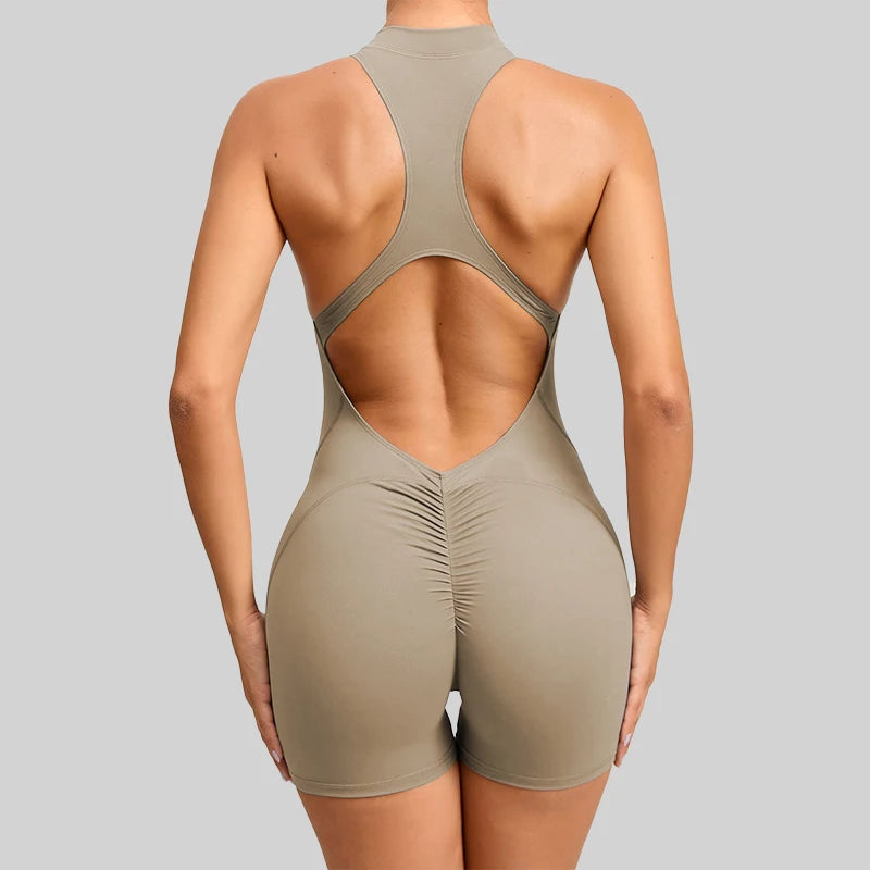 Women's Halter Neck Nylon Blend Workout Romper with Front Zipper and Racerback
