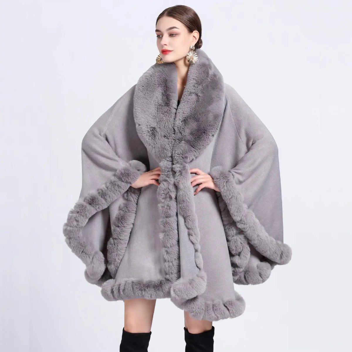 Plush Trim Open Front Cape for Layering over Outfits