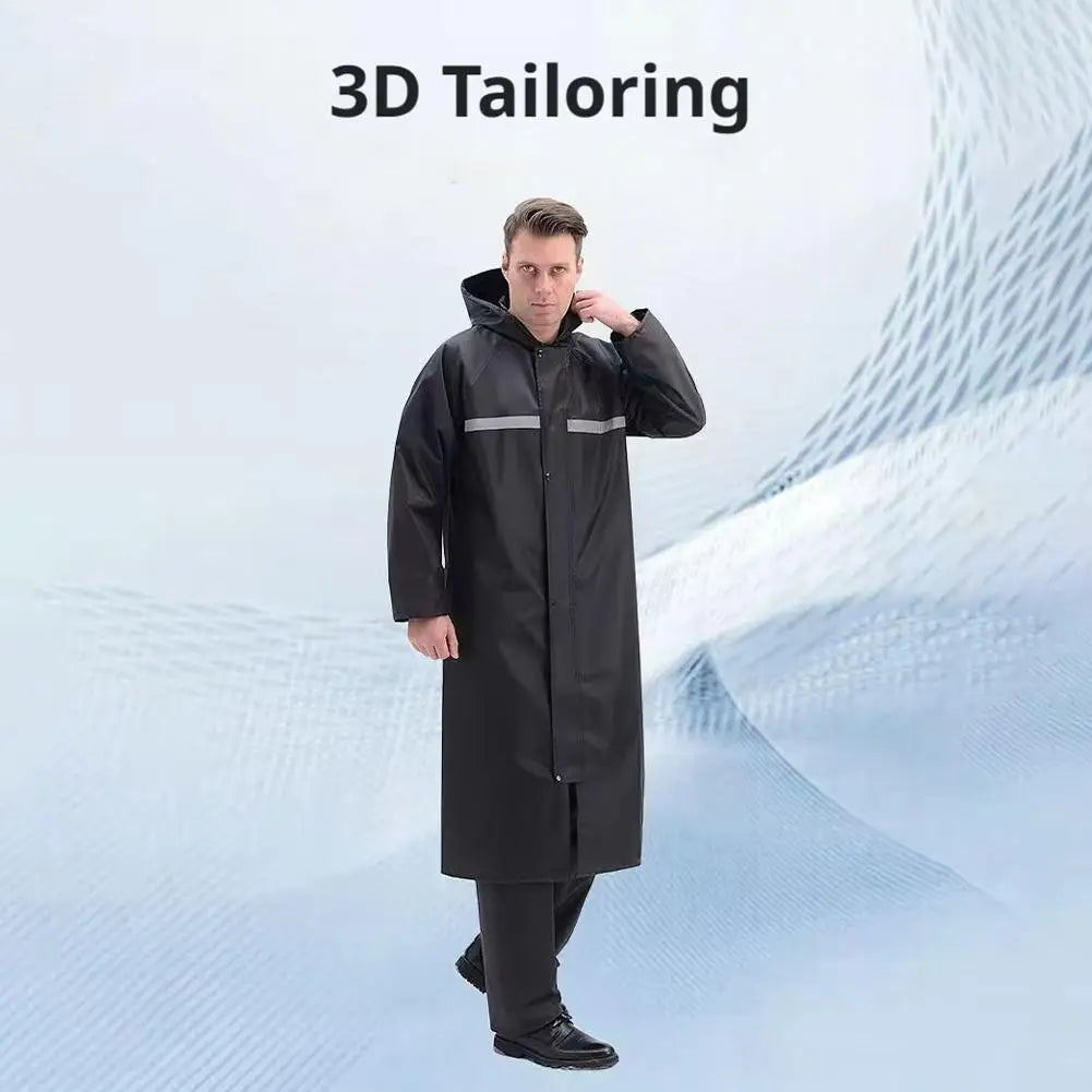 Long Hooded Rain Coat with Front Closure and Contrast Stripe