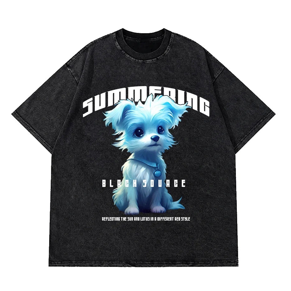 Gothic Dog Letter Print Vintage Washed Oversized T-Shirt