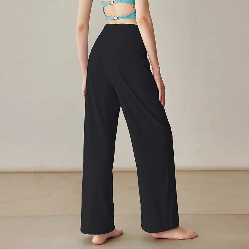 Women's Crossover Waist Nylon Blend Wide Leg Workout Pants with Pockets