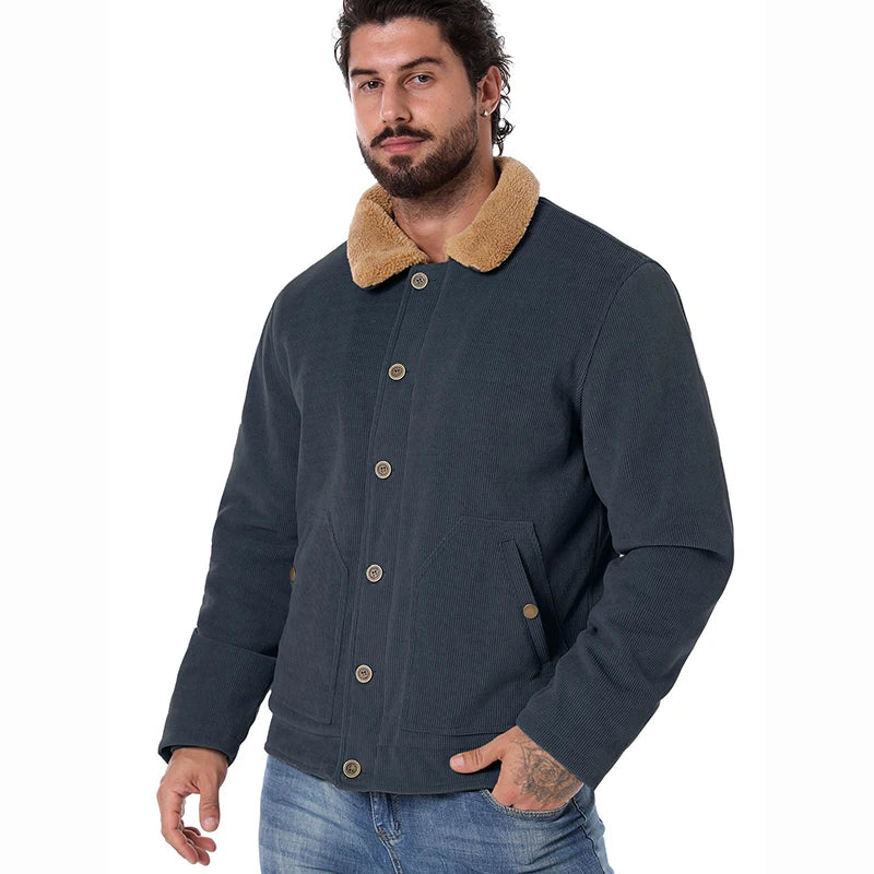 Men's Winter Corduroy Jacket Warm Fleece Lined Cargo Work Coat Casual Thick Sherpa Collar Trucker Deck Navy Jackets