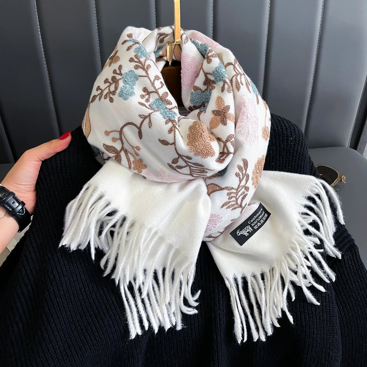 Patterned Fringed Scarf with Decorative Floral Embroidery Design