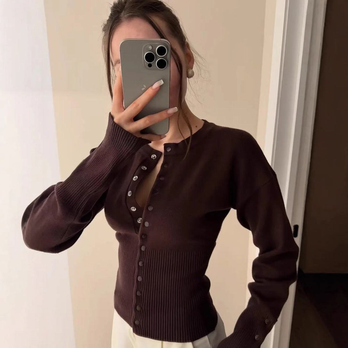 Women's Crew Neck Button Front Cardigan Casual Knit Layer
