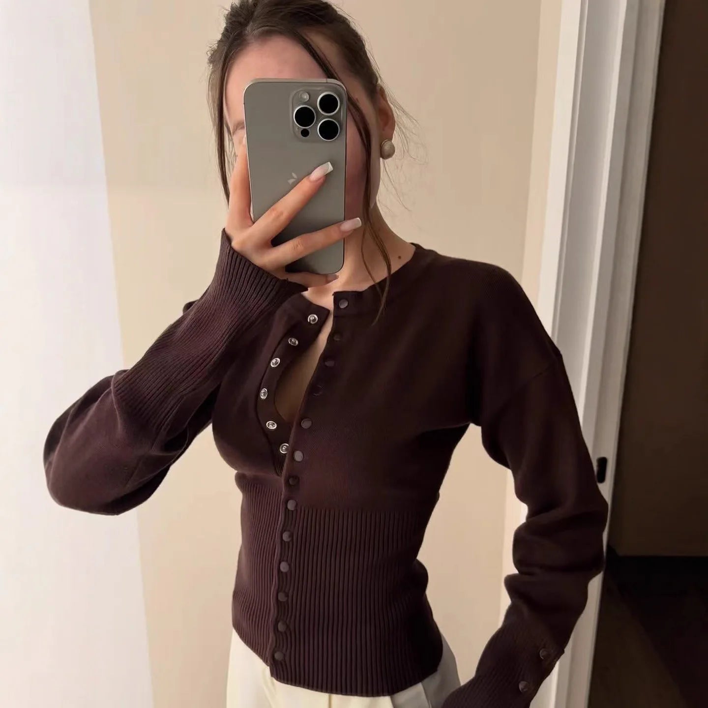 Women's Crew Neck Button Front Cardigan Casual Knit Layer