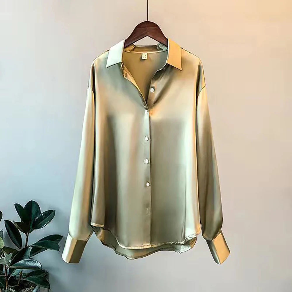 Women's Satin Look Long Sleeve Button Front Shirt