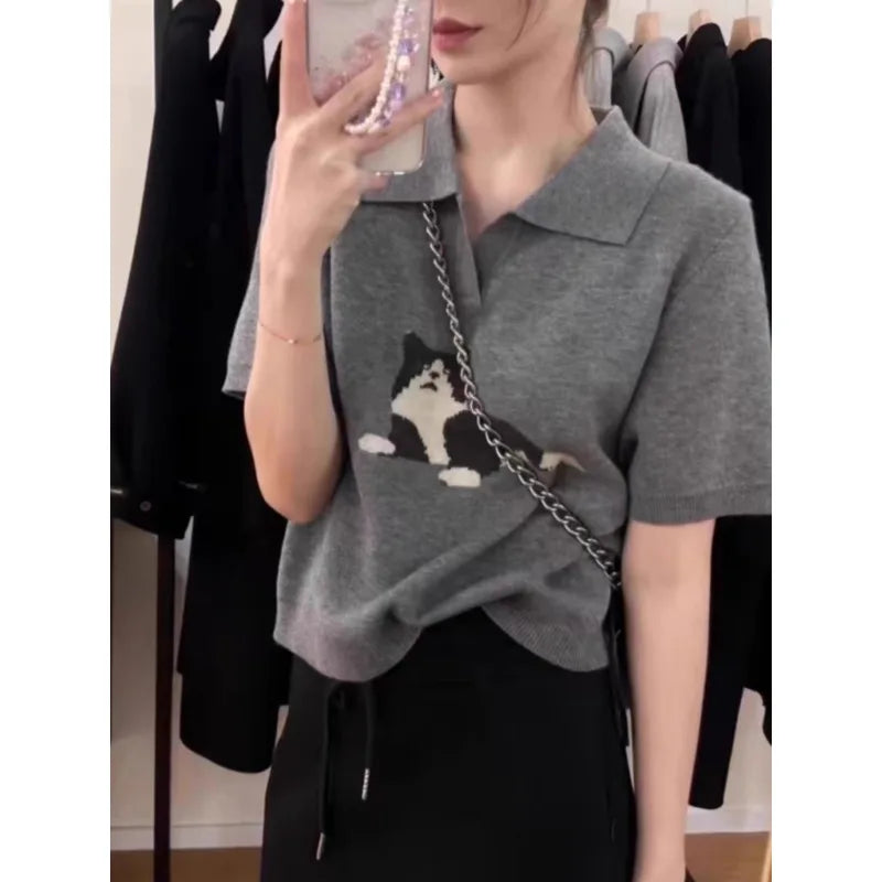 European vintage cat jacquard cashmere knitted short-sleeved women's lapel front-shoulder wool T-shirt, half-sleeved short top