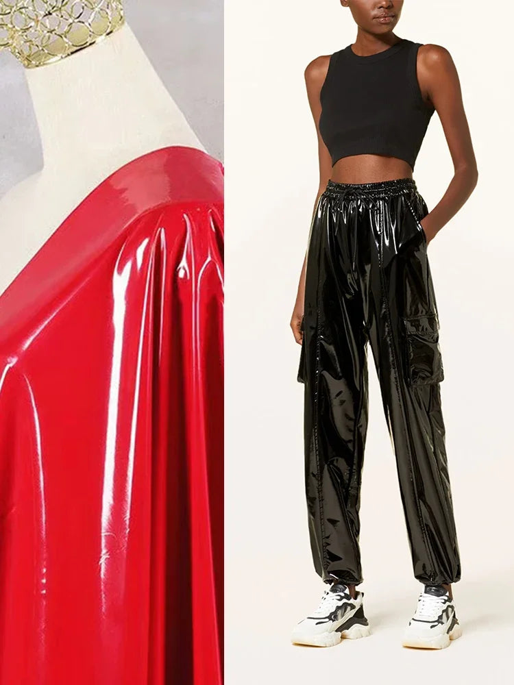 Women's Shiny Faux Leather Cargo Joggers with Drawstring Waist and Cuffs