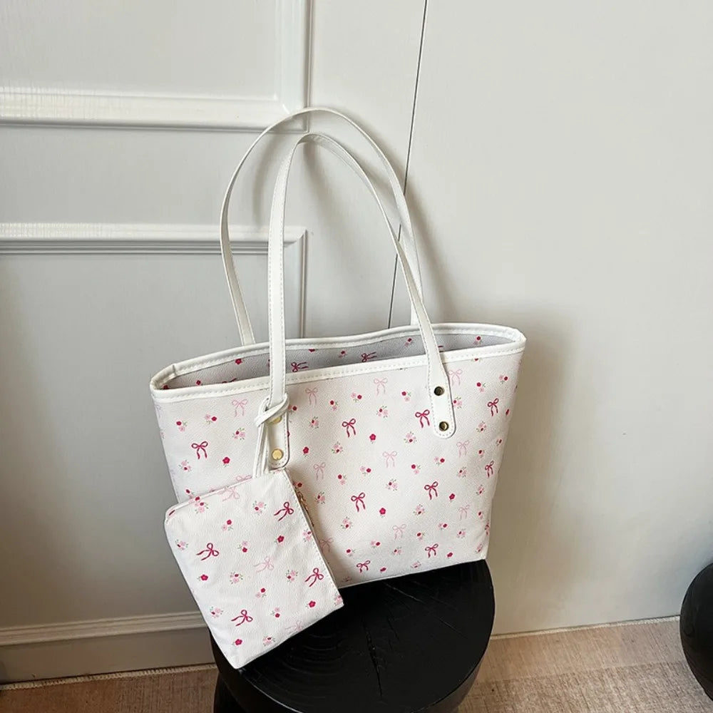 Women's Bow Print Tote Bag with Long Handles and Zipper Closure