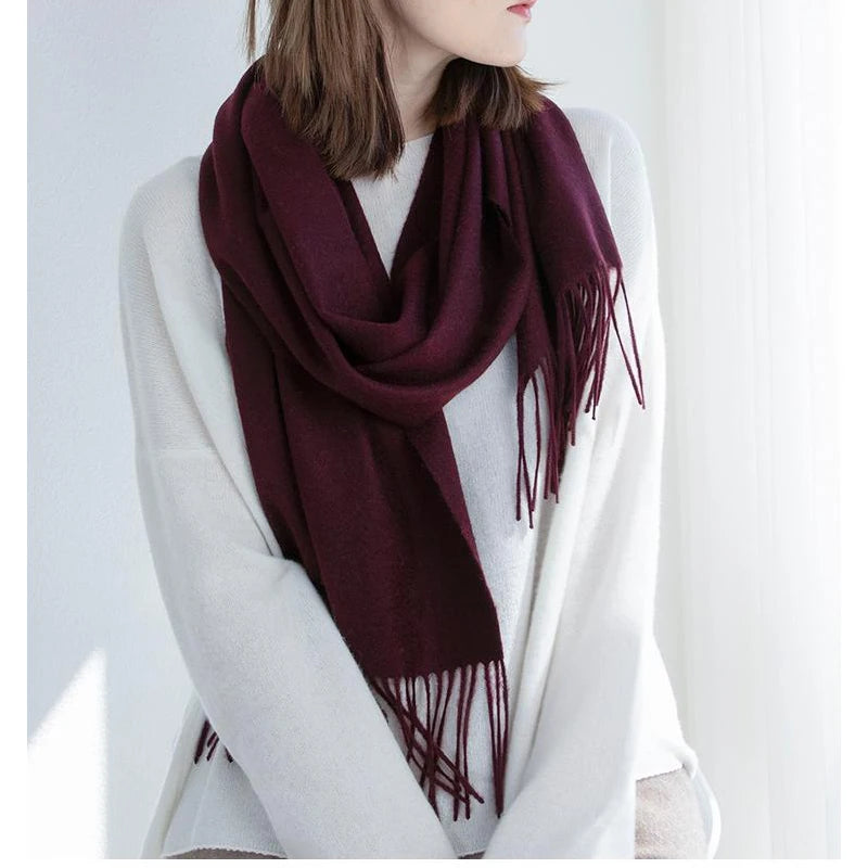Solid Long Wool Scarf with Decorative Fringed Ends