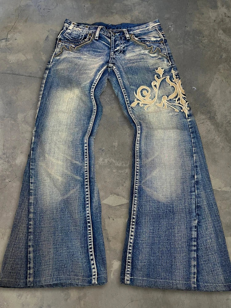 Women's Black Embroidered Flared Leg Denim Jeans For Everyday Outfits