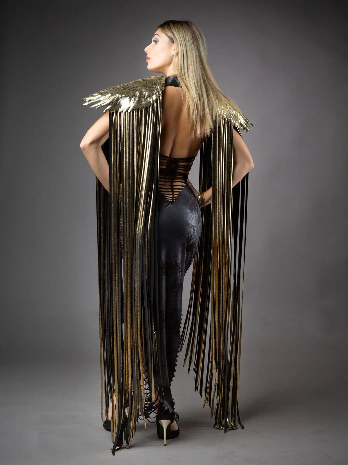 Metallic Wing Fringe Cape for Stage and Costume Layering