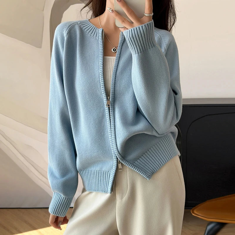 Women's Crew Neck Full Zip Cardigan Casual Knit Layer