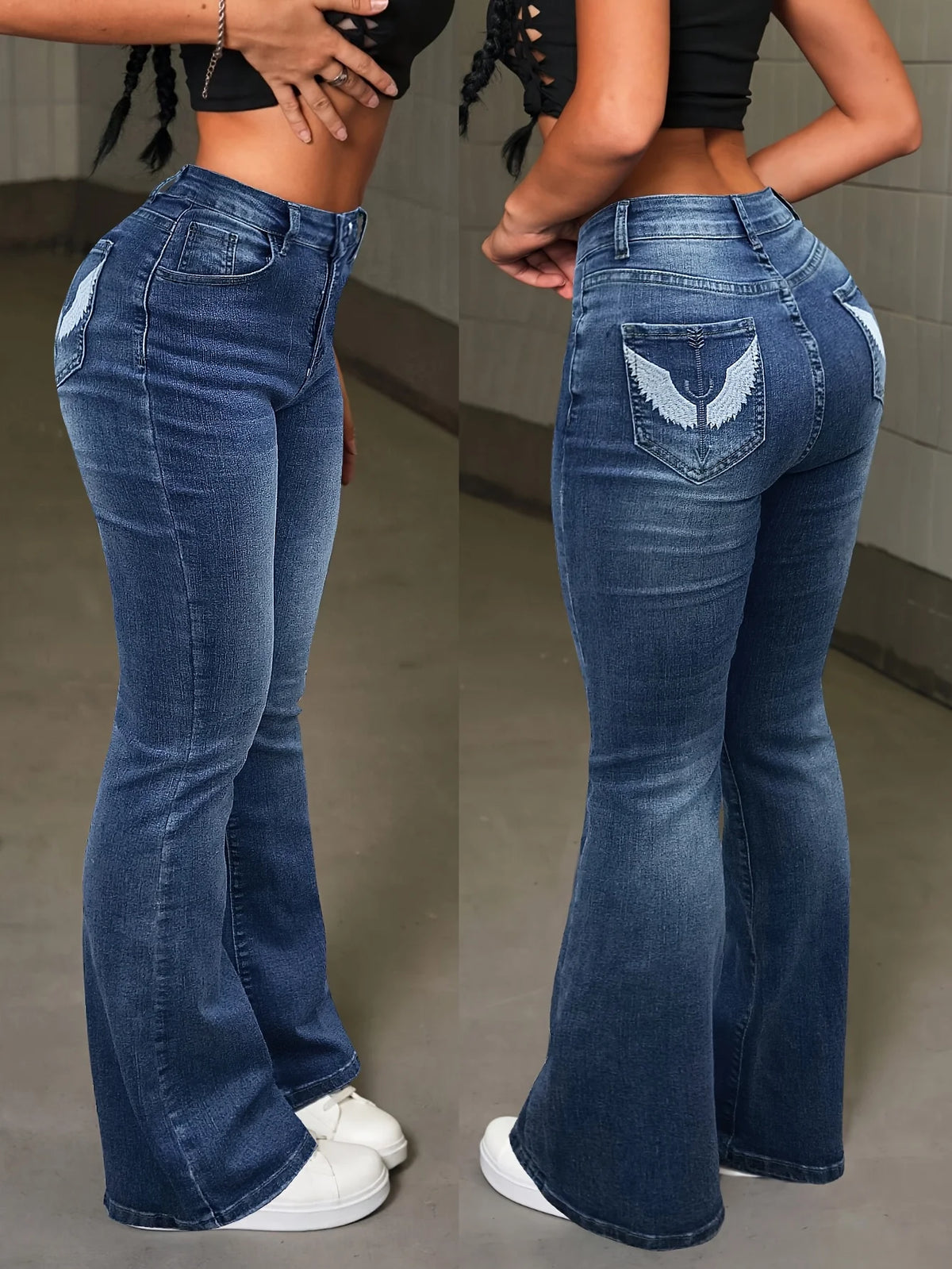 Women's Wing Embroidered Back Flared Leg Denim Jeans