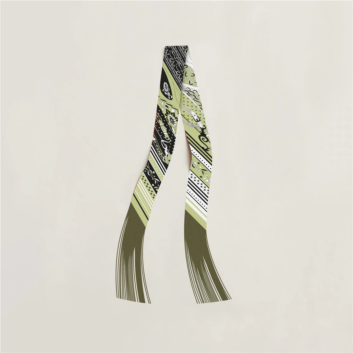 Printed Narrow Ribbon Scarf with Decorative Fringed Ends