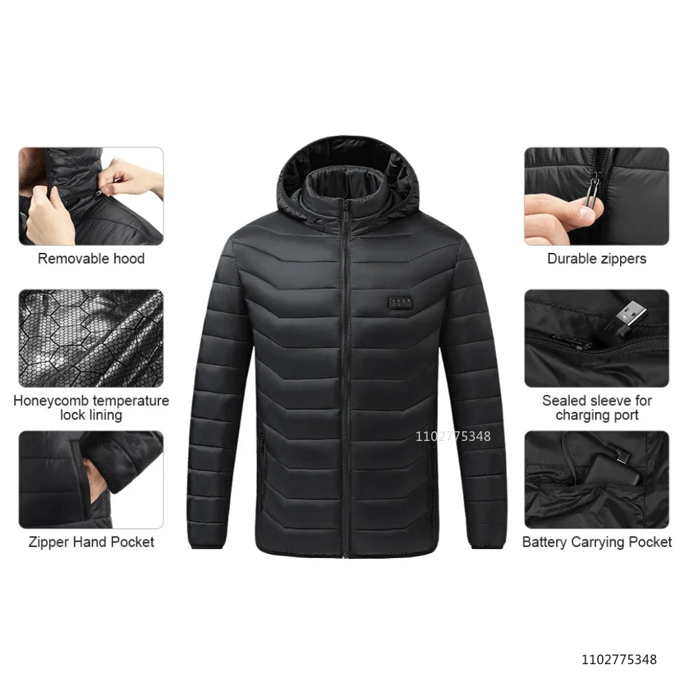 USB Heated Hooded Full Zip Long Sleeve Outdoor Jacket