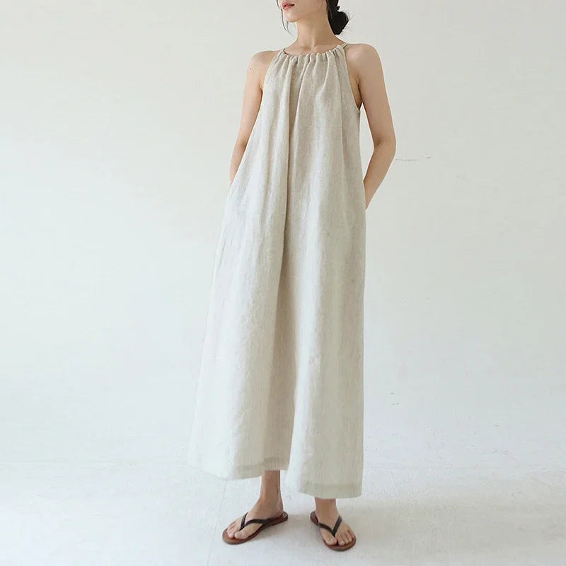 Women's Linen Sleeveless Halter Loose A-Line Ankle-Length Dress with Pockets for Summer