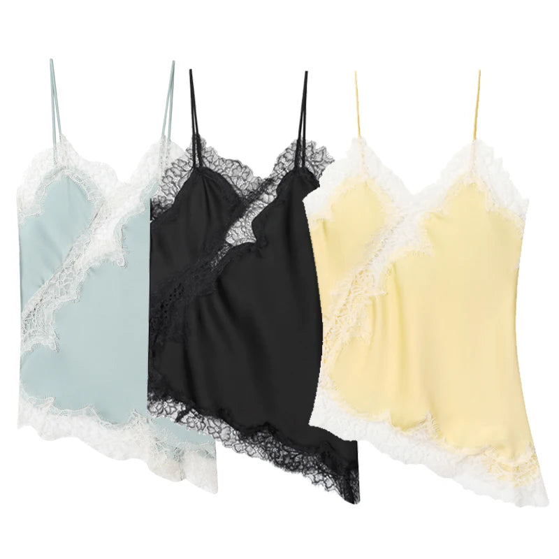 Women's Asymmetric Satin Polyester Camisole with Lace Trim and Thin Straps