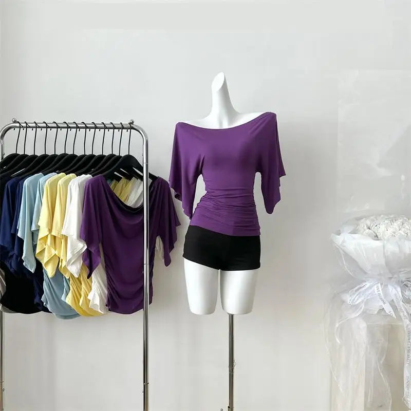 Women's Solid Polyester Slash Neck Blouse with Flared Sleeves and a Fitted Shape