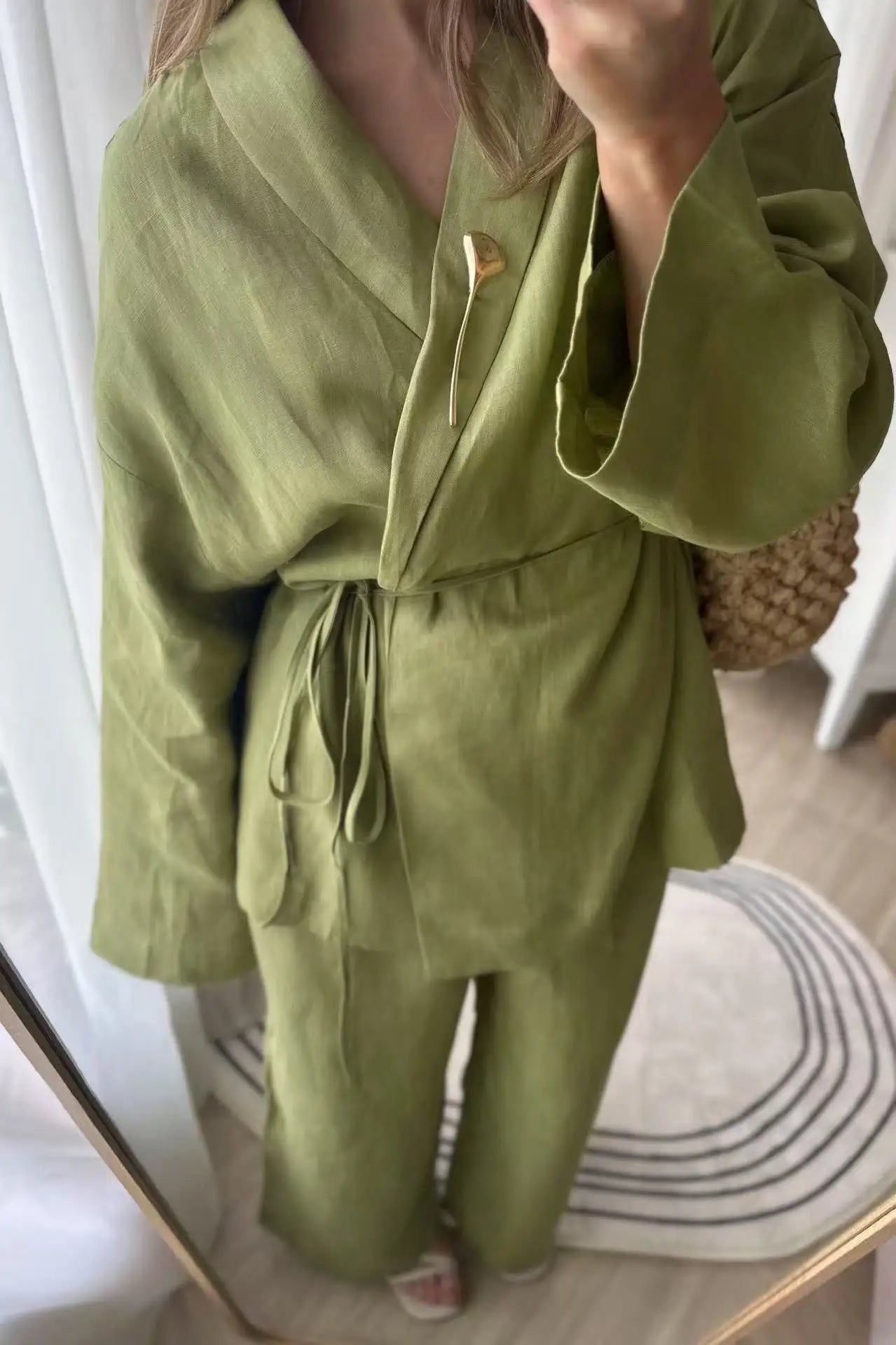 Women's Wrap Top and Wide Leg Pants Clothing Set