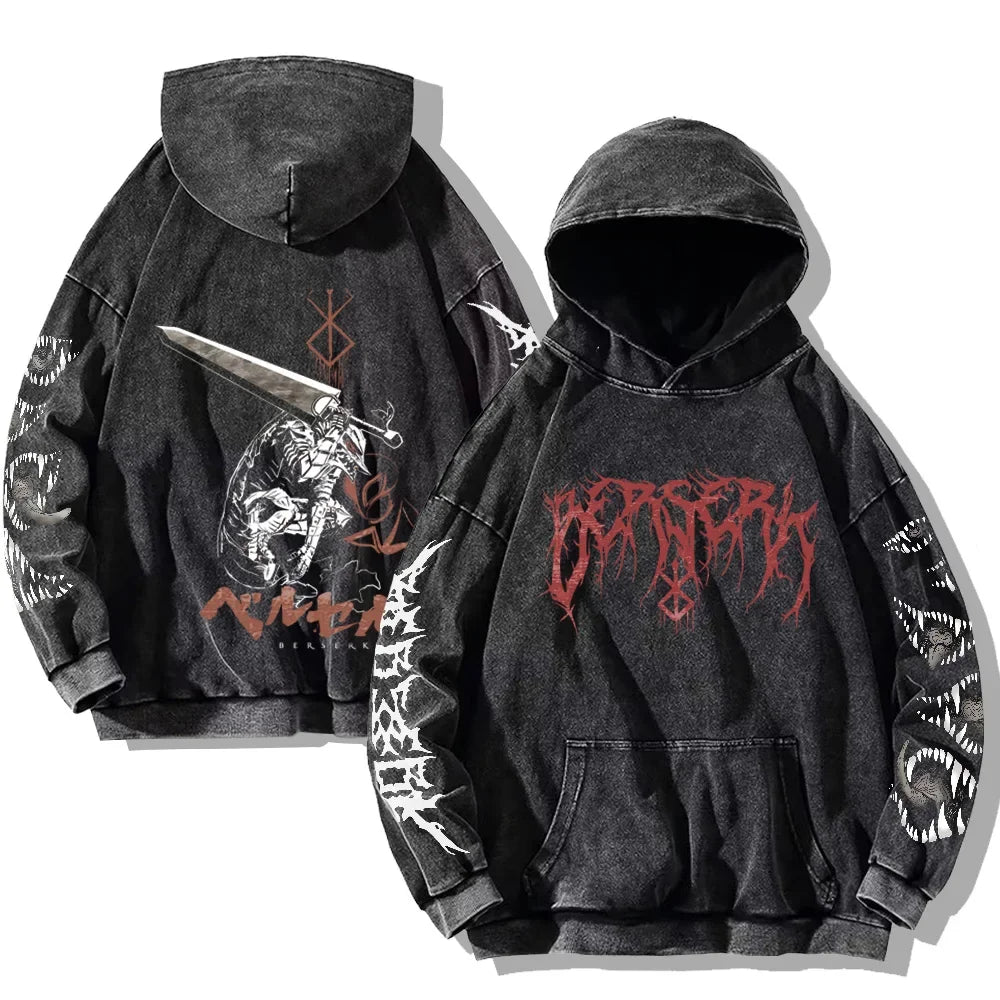 Washed-Effect Graphic Long-Sleeve Pullover Hoodie