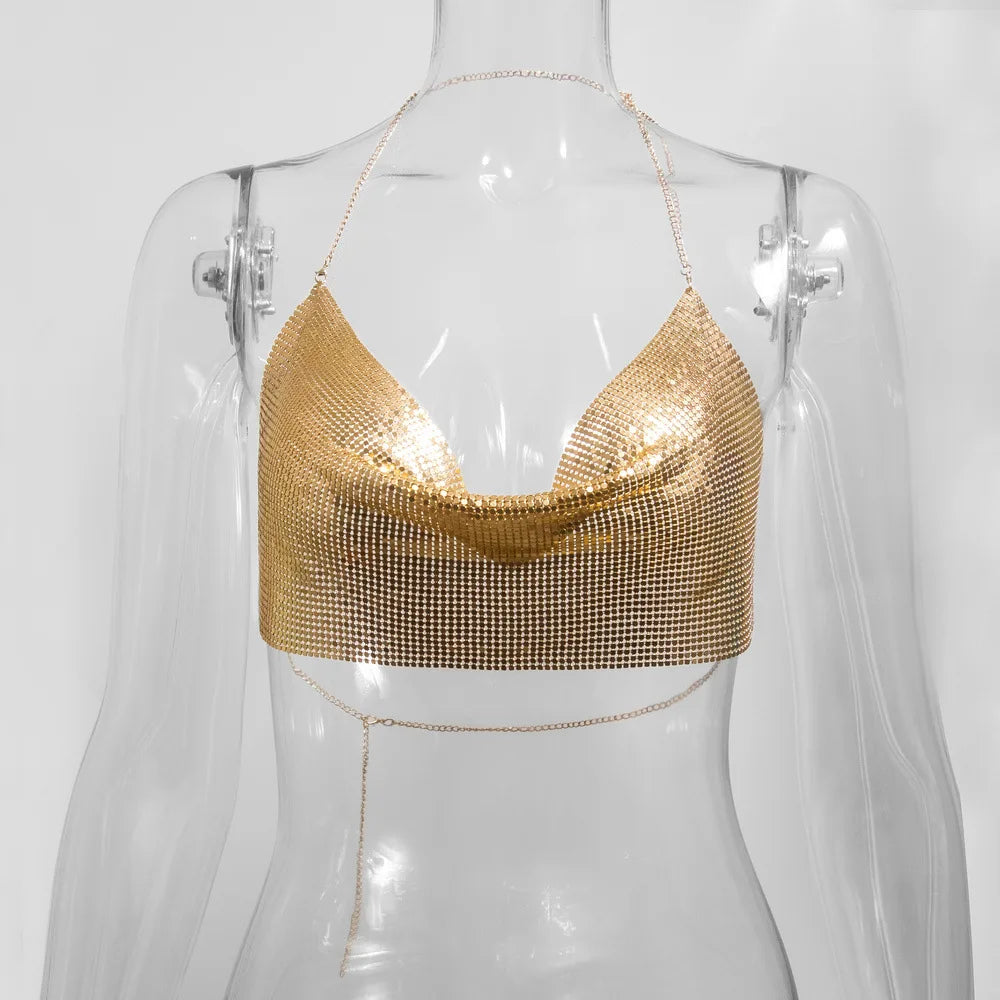 Women's Metallic Chain Mesh Halter Crop Top with Draped Neckline