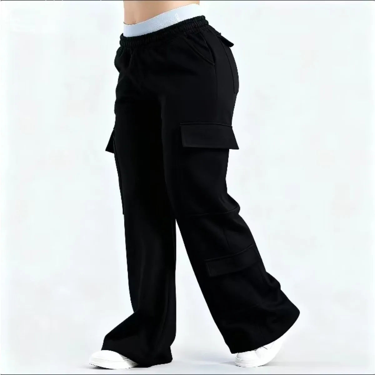 Women's Wide Leg Cargo Pants with Elastic Waist and Flap Pockets