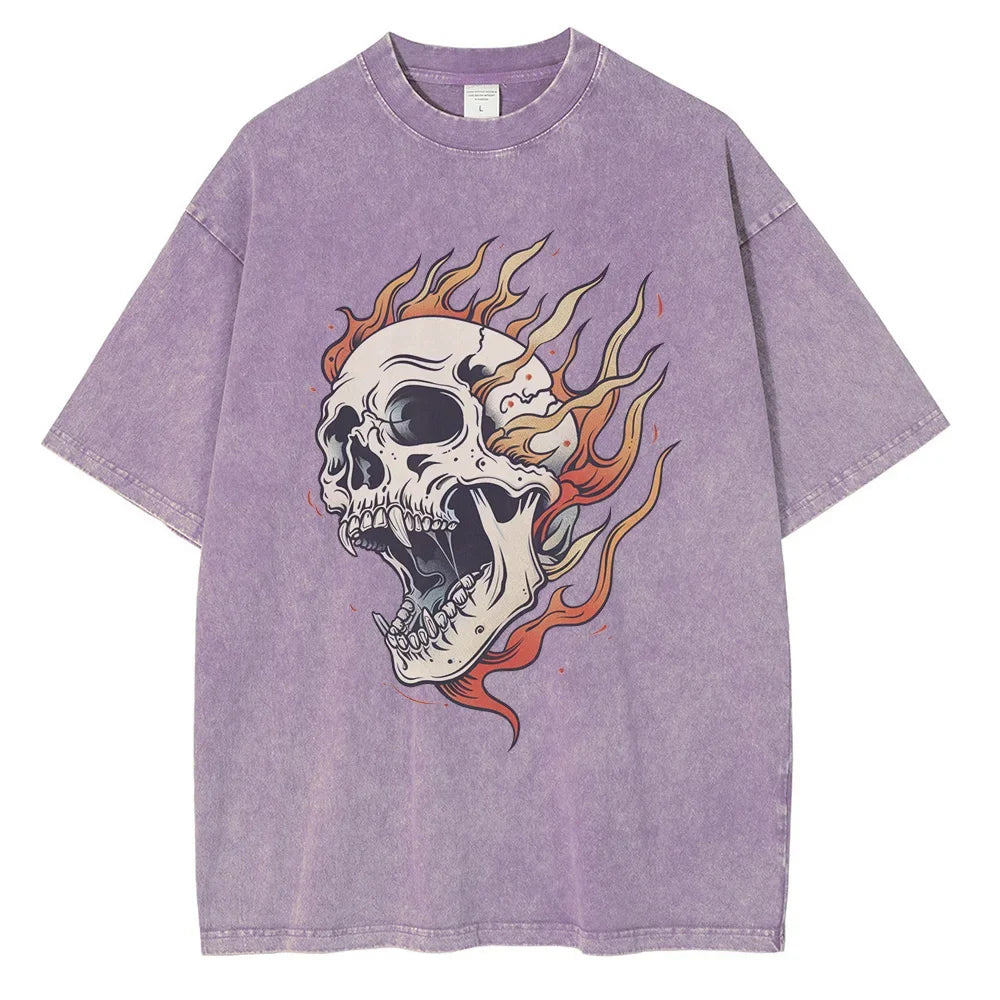 Men's Flame Skull Printed T-shirt Thick Cotton Washed T-shirt,Large Retro Top