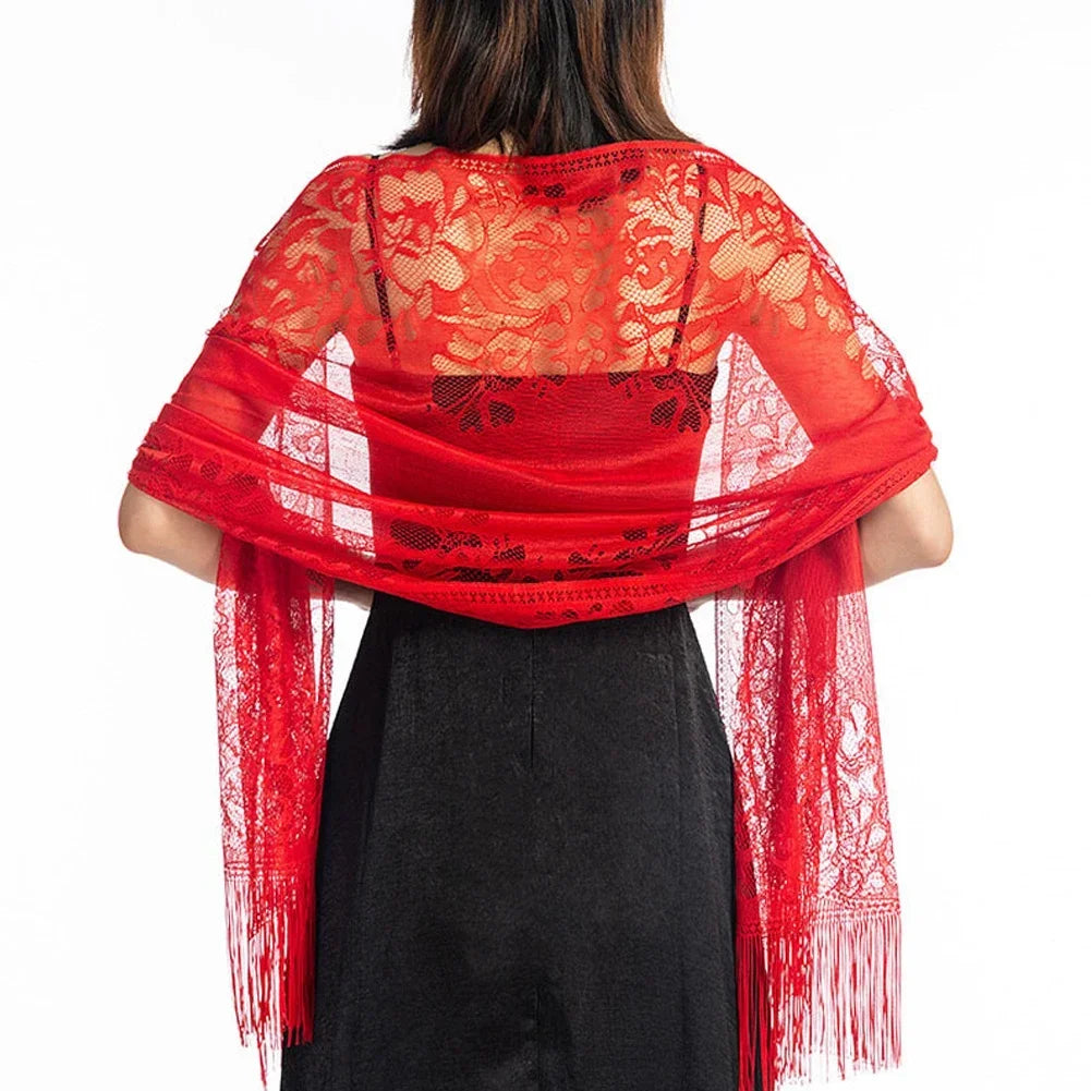 Floral Lace Fringed Wrap Scarf for Layering over Outfits