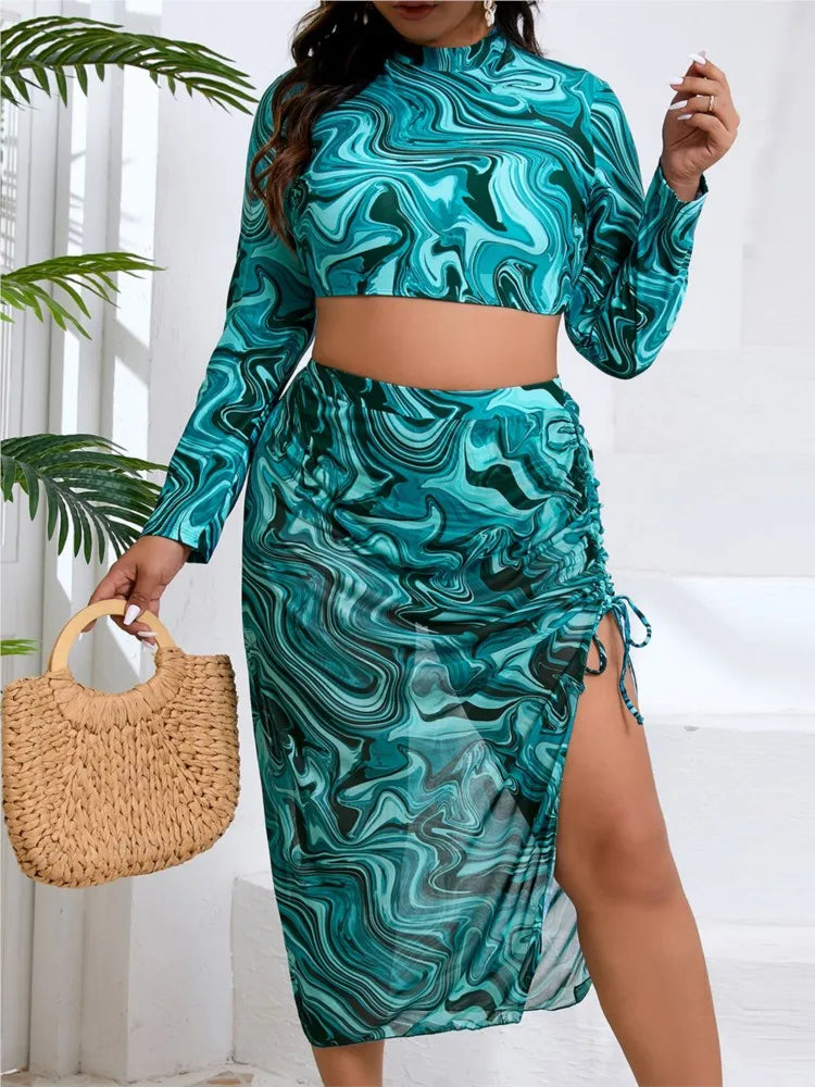Women's Printed Long Sleeve Bikini with Matching Wrap Skirt
