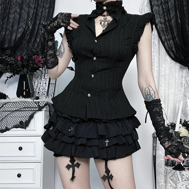 Women's Fitted Ruffled Sleeveless Button Front Vest
