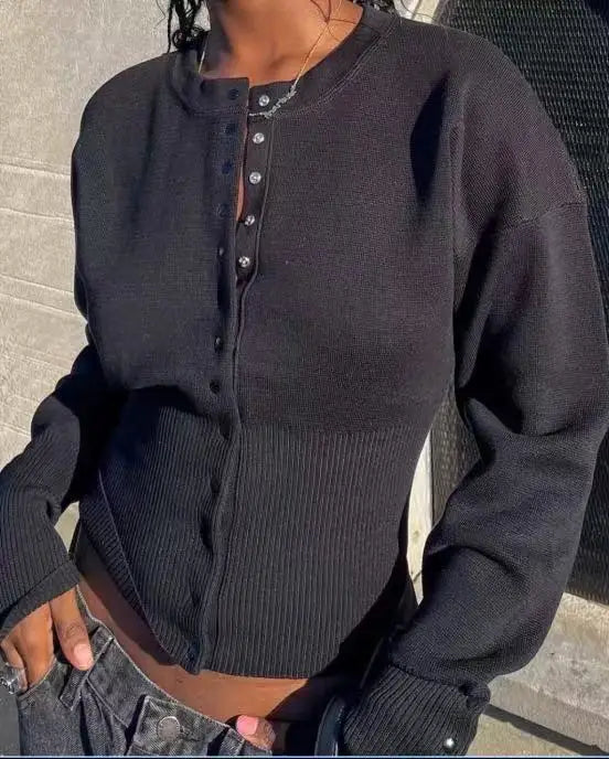 Women's Crew Neck Button Front Cardigan Casual Knit Layer
