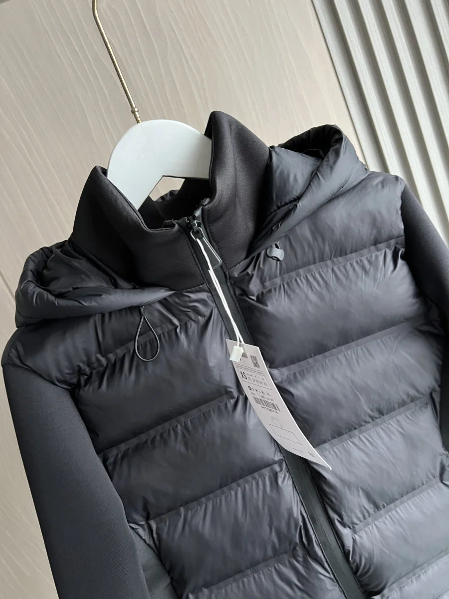 Women's Hooded Quilted Front Knit Sleeve Jacket for Layered Outfits