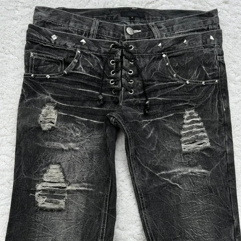 Women's Lace Double Waist Distressed Flared Denim Jeans